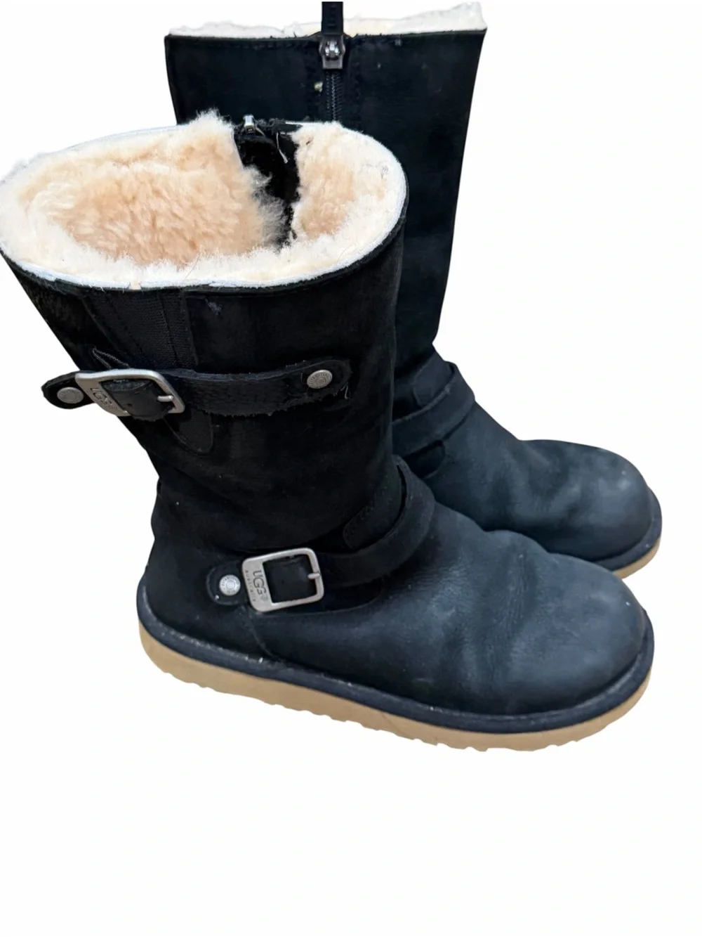 UGG, Black Suede Shearling-Lined Mid-Calf Boots with Buckle, Size 3